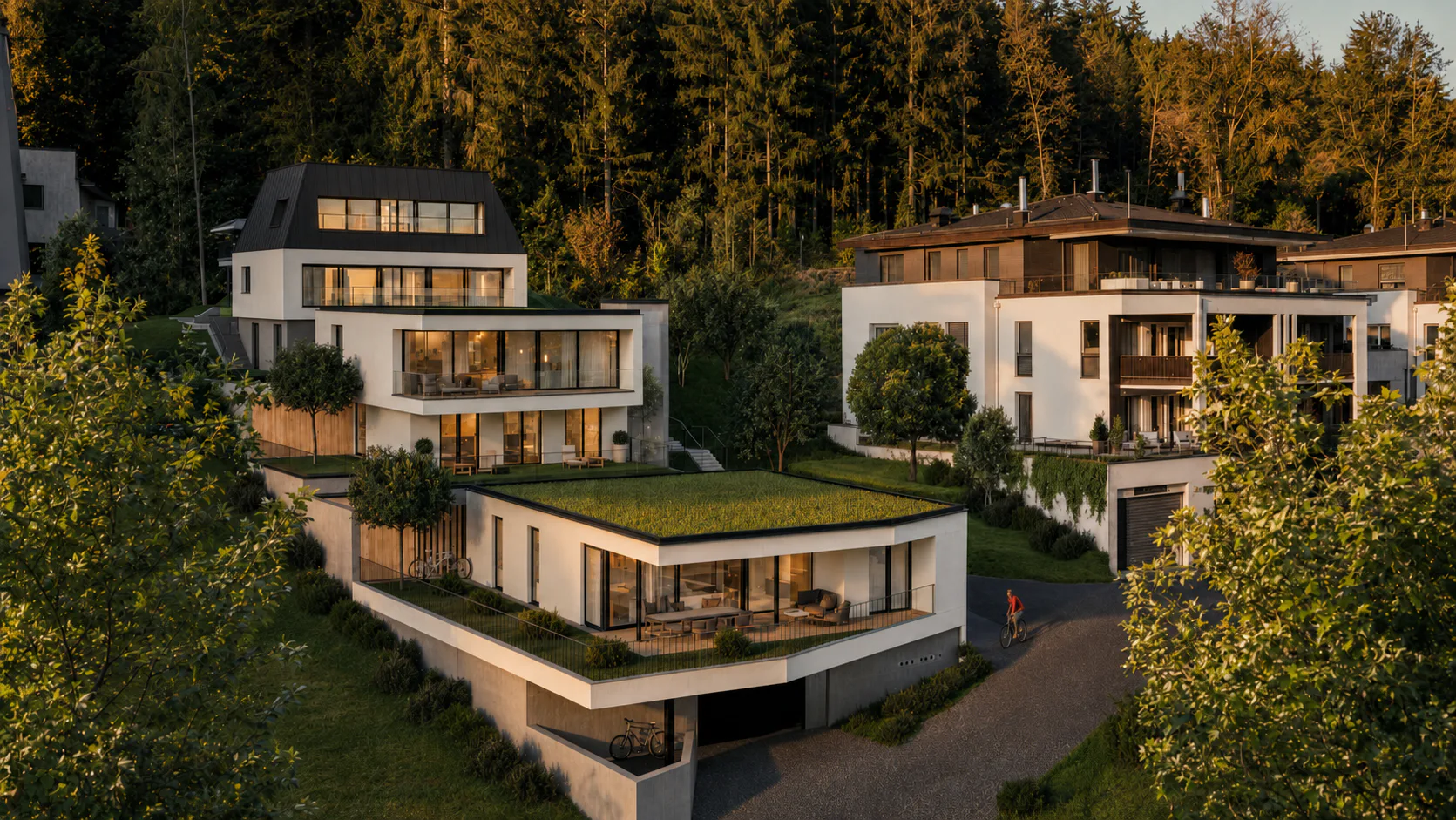 Abendliche Visualisierung des terrassenförmigen Villenensembles – Symbolfoto, mit KI bearbeitet