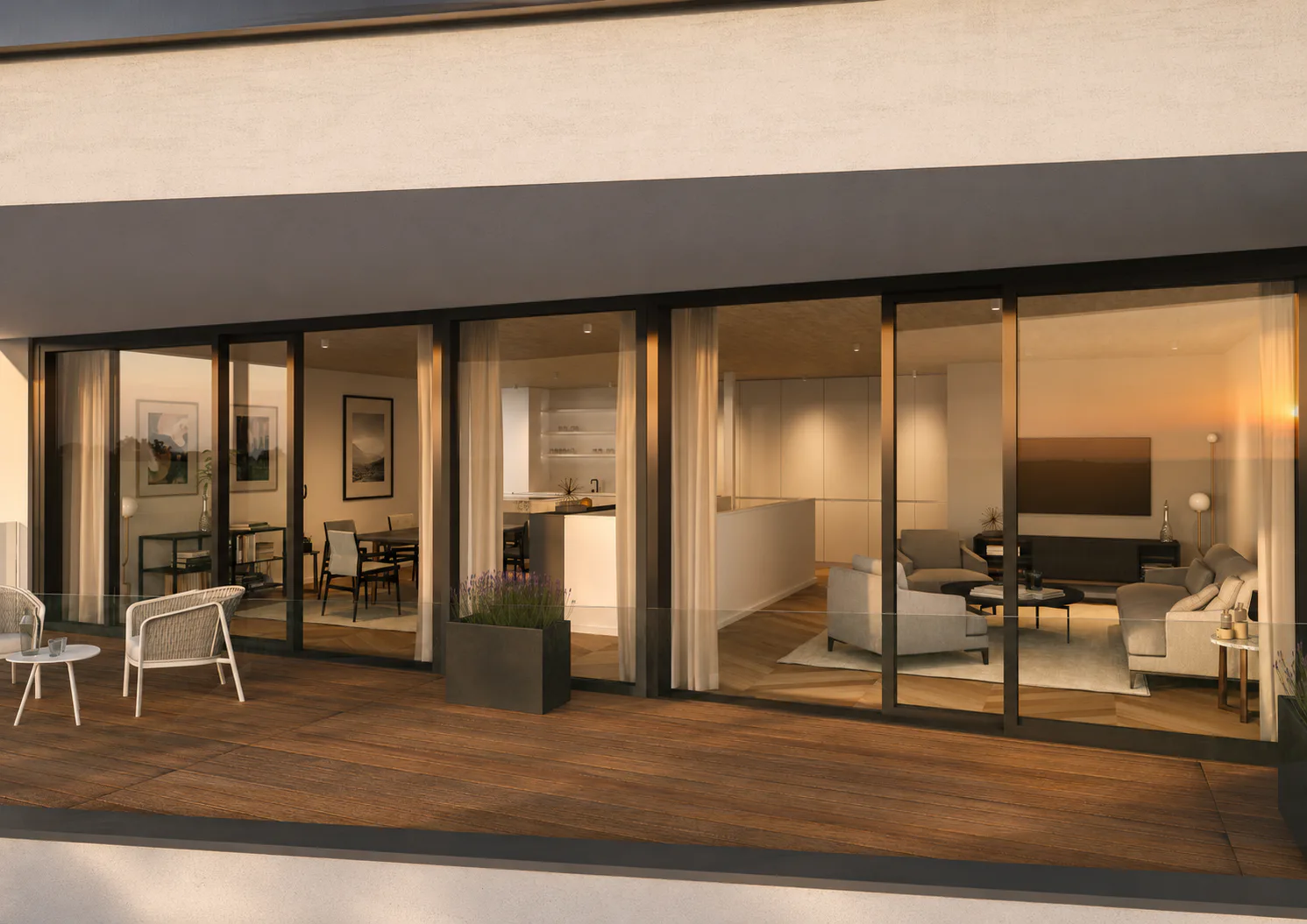 Großzügige Glasflächen und Terrasse – Symbolfoto, mit KI bearbeitet